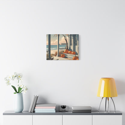 Wall art of a beach scene with a bench and flowers on a white wall above a shelf.