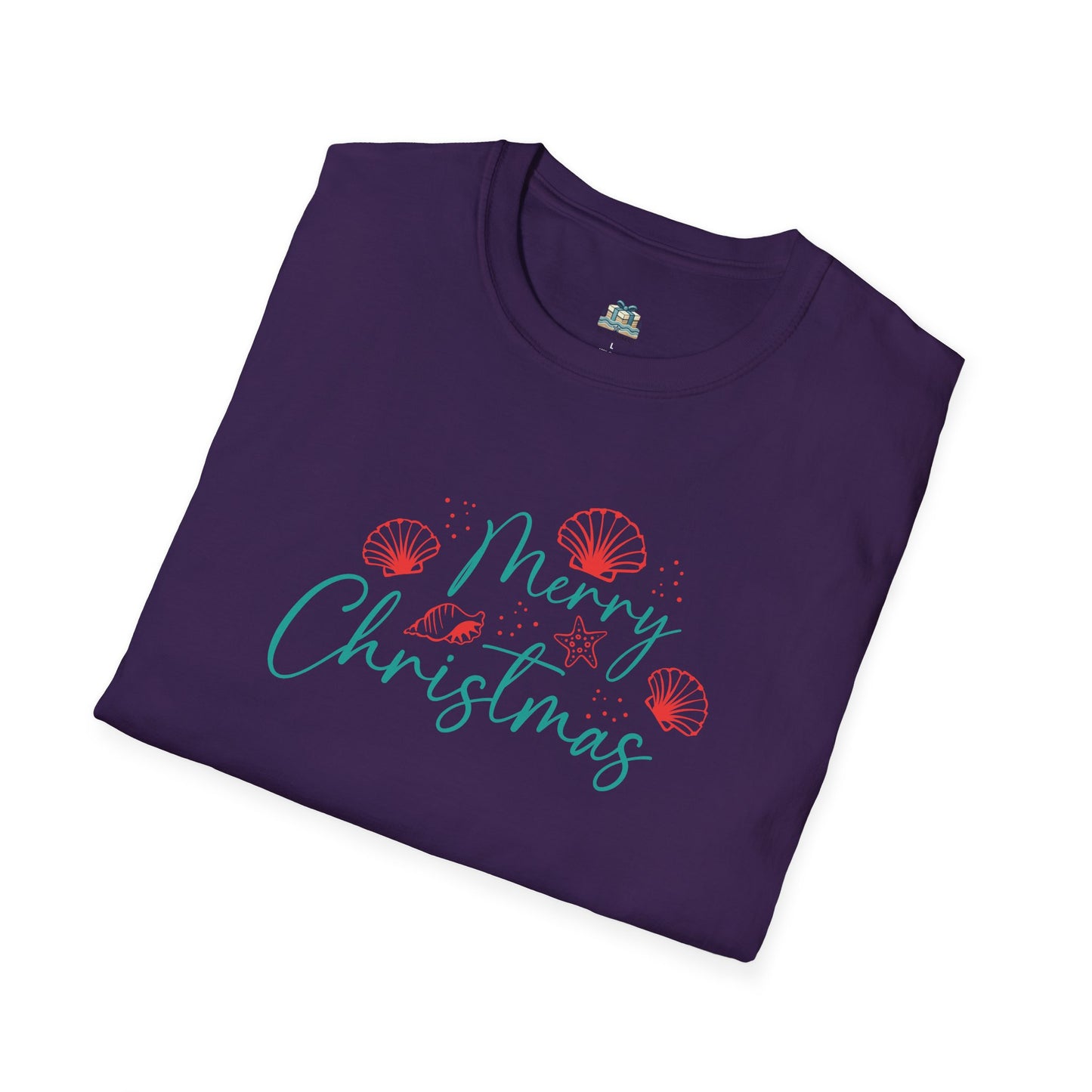 Folded purple t-shirt with 'Merry Christmas' text and festive graphics on a white background