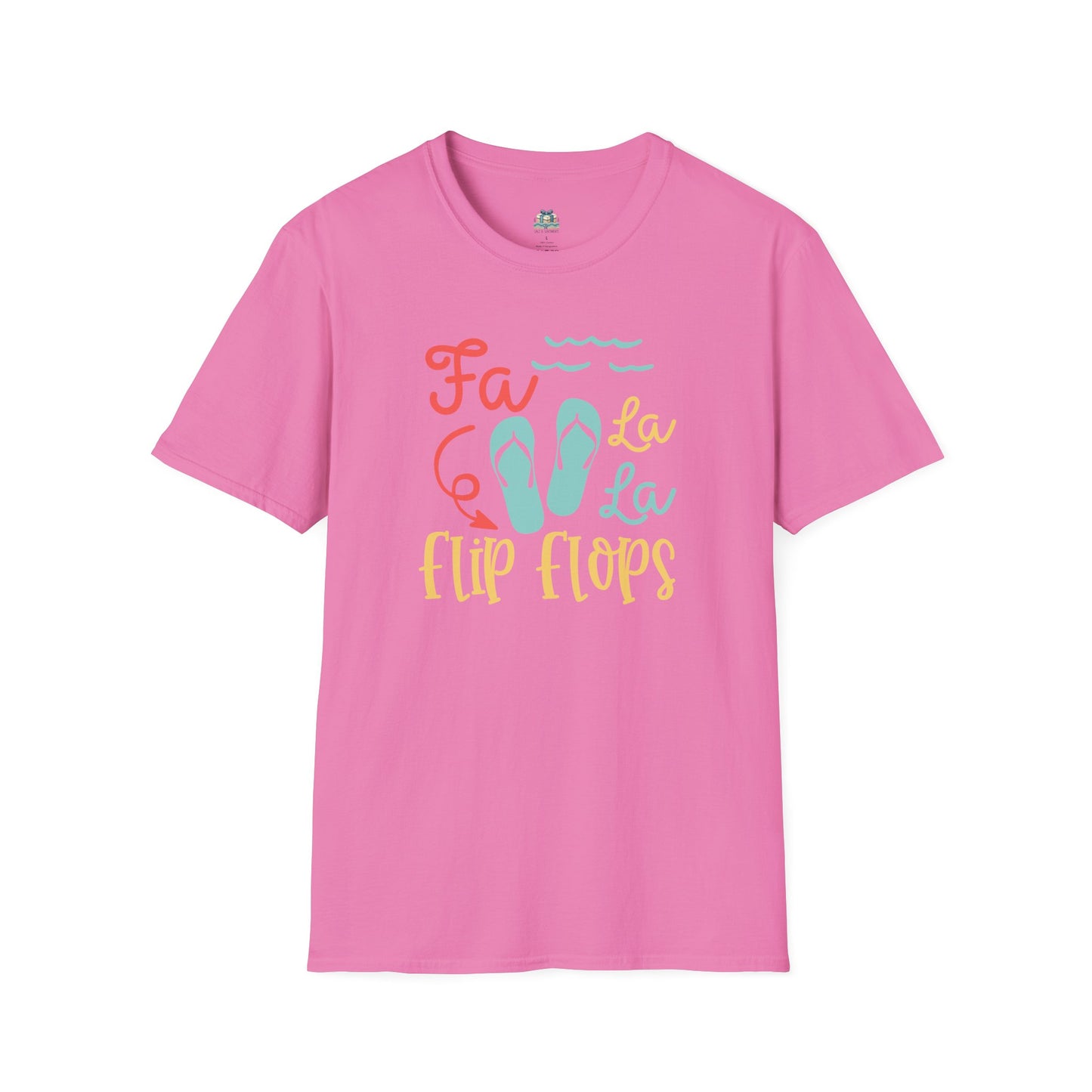 Pink t-shirt with 'Fa La La Flip Flops' text and flip flop graphics on a white background