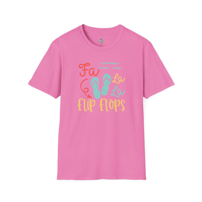 Pink t-shirt with 'Fa La La Flip Flops' text and flip flop graphics on a white background
