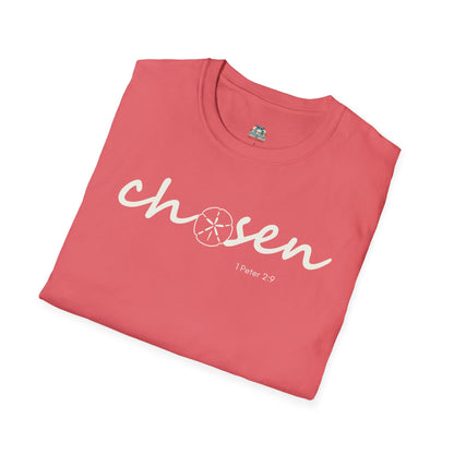 Folded pink t-shirt with 'chosen' text on a white background