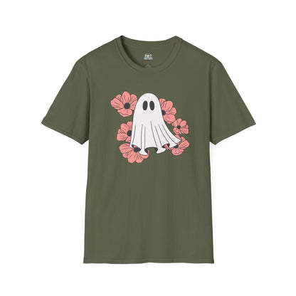 Green t-shirt with a ghost and flower design on a white background