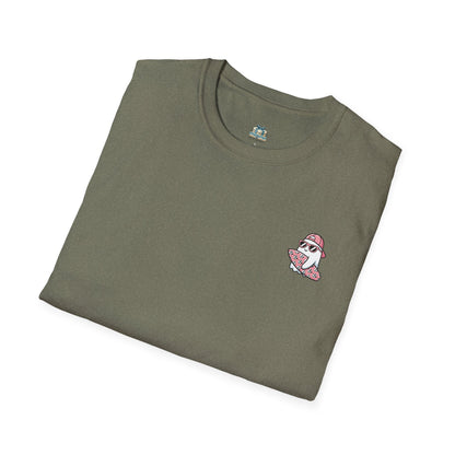 Folded green t-shirt with a small logo on a white background