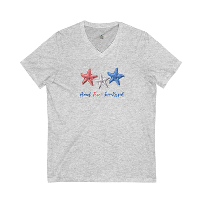  Light gray V-neck T-shirt with red, white, and blue starfish and the phrase "Proud, Free & Sun-Kissed" printed on the front.