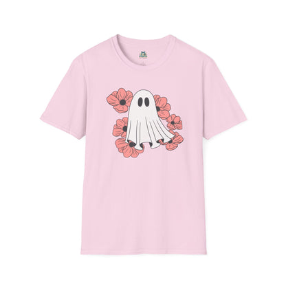 Pink t-shirt with a ghost and flower design on a white background