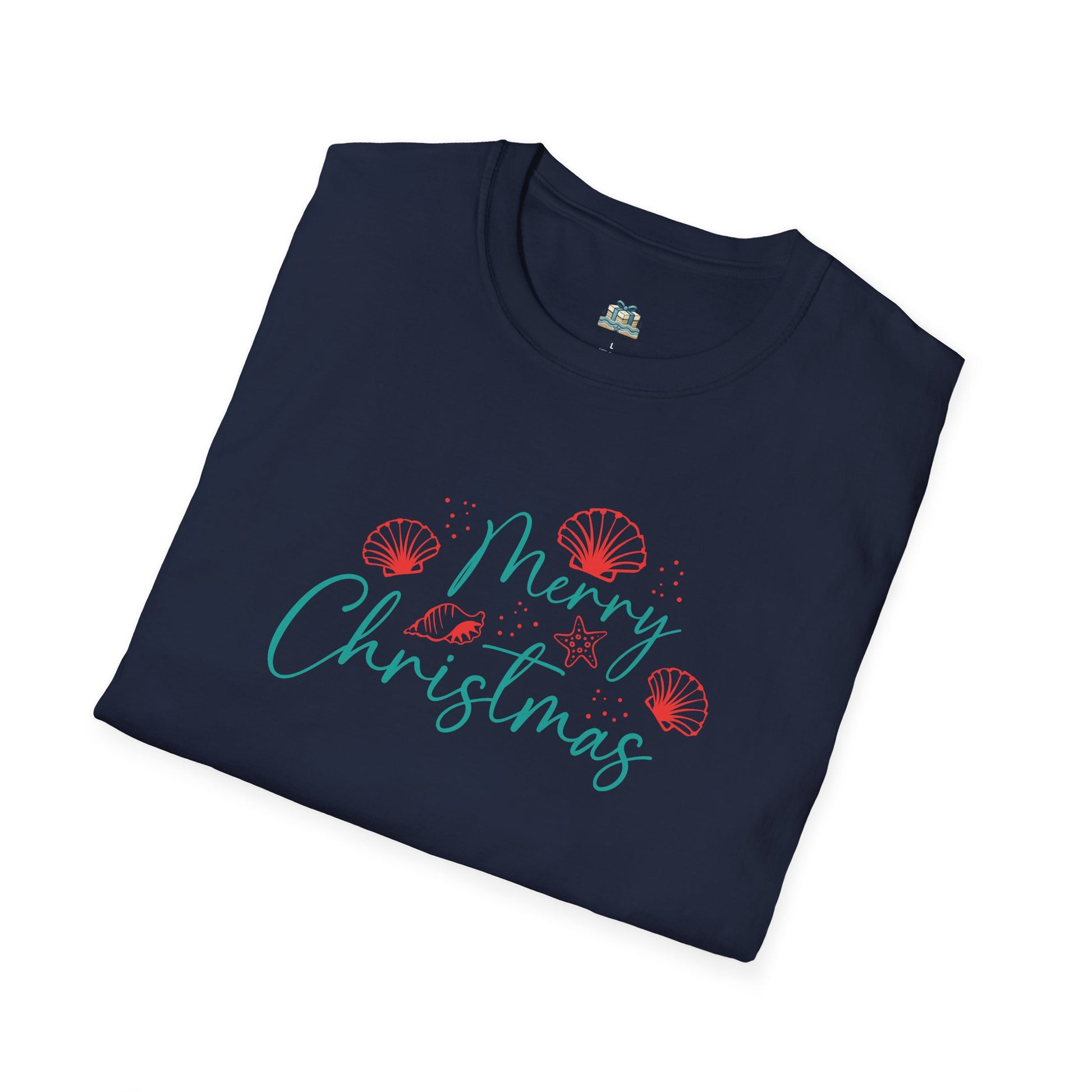 Folded navy blue t-shirt with 'Merry Christmas' text and festive graphics on a white background