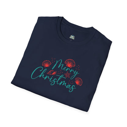Folded navy blue t-shirt with 'Merry Christmas' text and festive graphics on a white background
