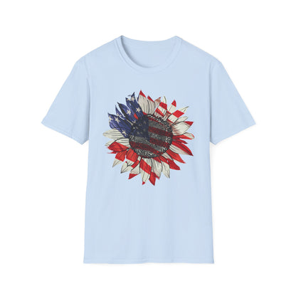 Light Blue crew neck t-shirt with distressed American flag sunflower print


