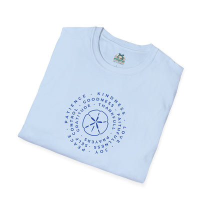 Light blue t-shirt with a circular design and text on a white background