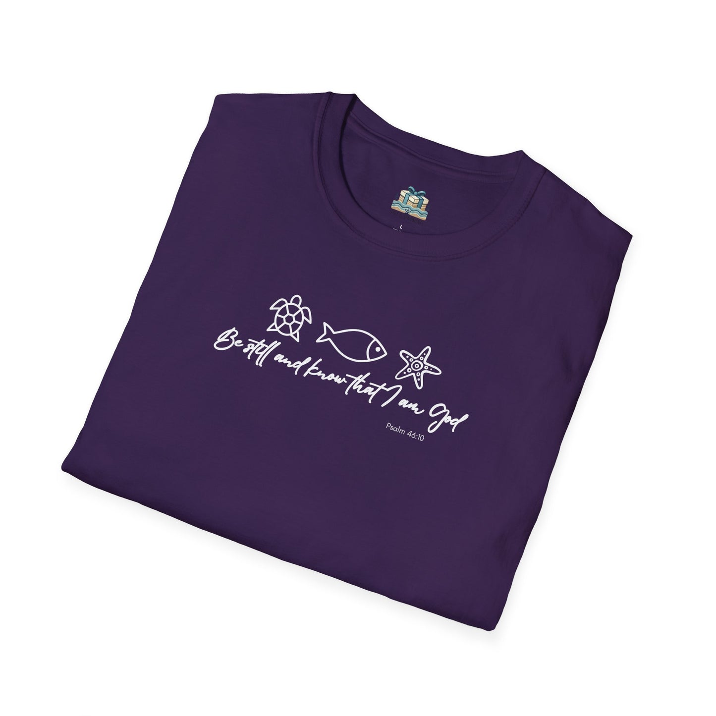 Folded purple t-shirt with white text and graphics on a white background
