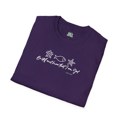 Folded purple t-shirt with white text and graphics on a white background