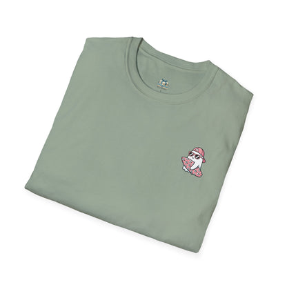 Folded green t-shirt with a small logo on a white background