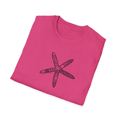 Pink t-shirt with a black starfish design on a white background