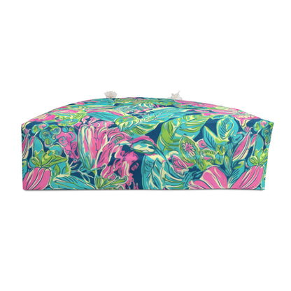 Bottom side of Colorful tropical floral beach bag with pink and green flowers