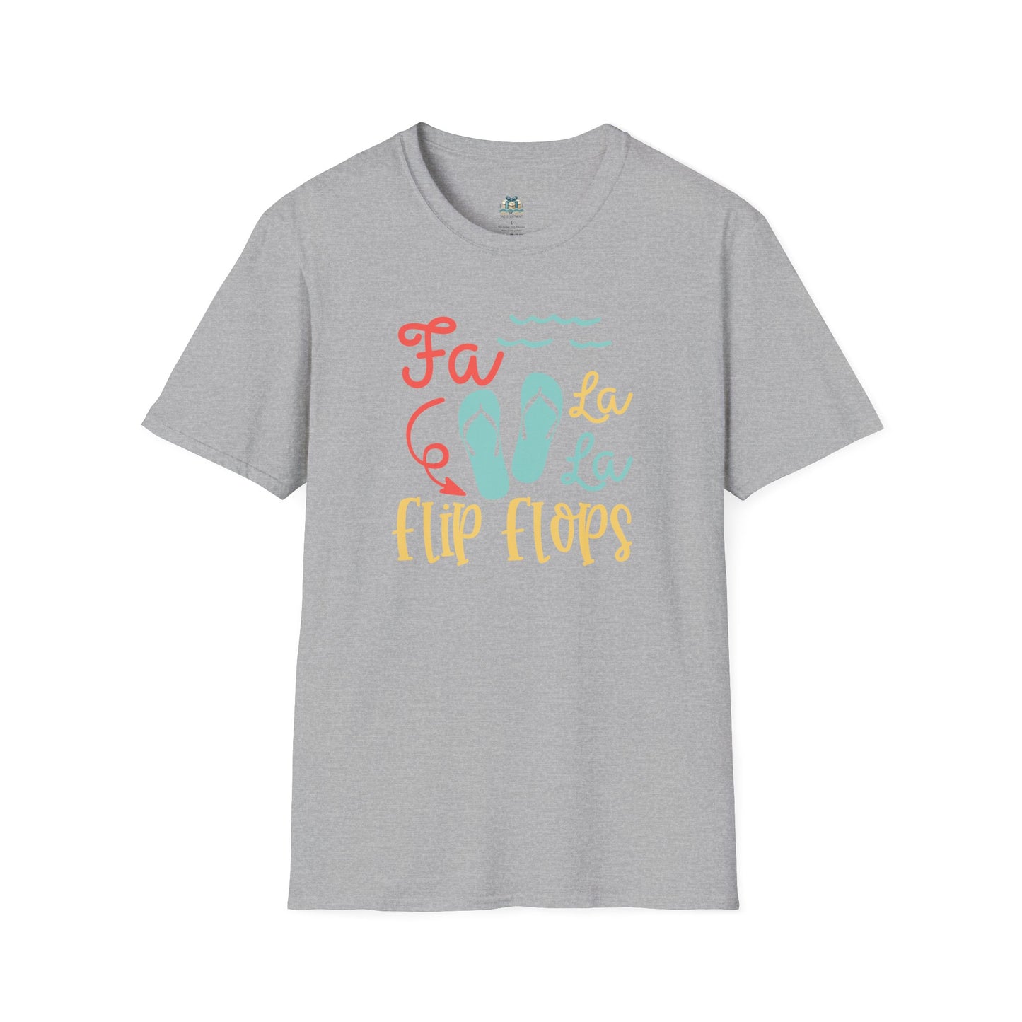 Gray t-shirt with colorful 'Fa La La Flip Flops' text and graphic on a white background