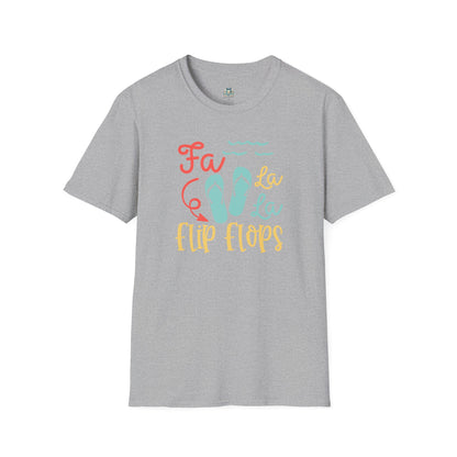 Gray t-shirt with colorful 'Fa La La Flip Flops' text and graphic on a white background