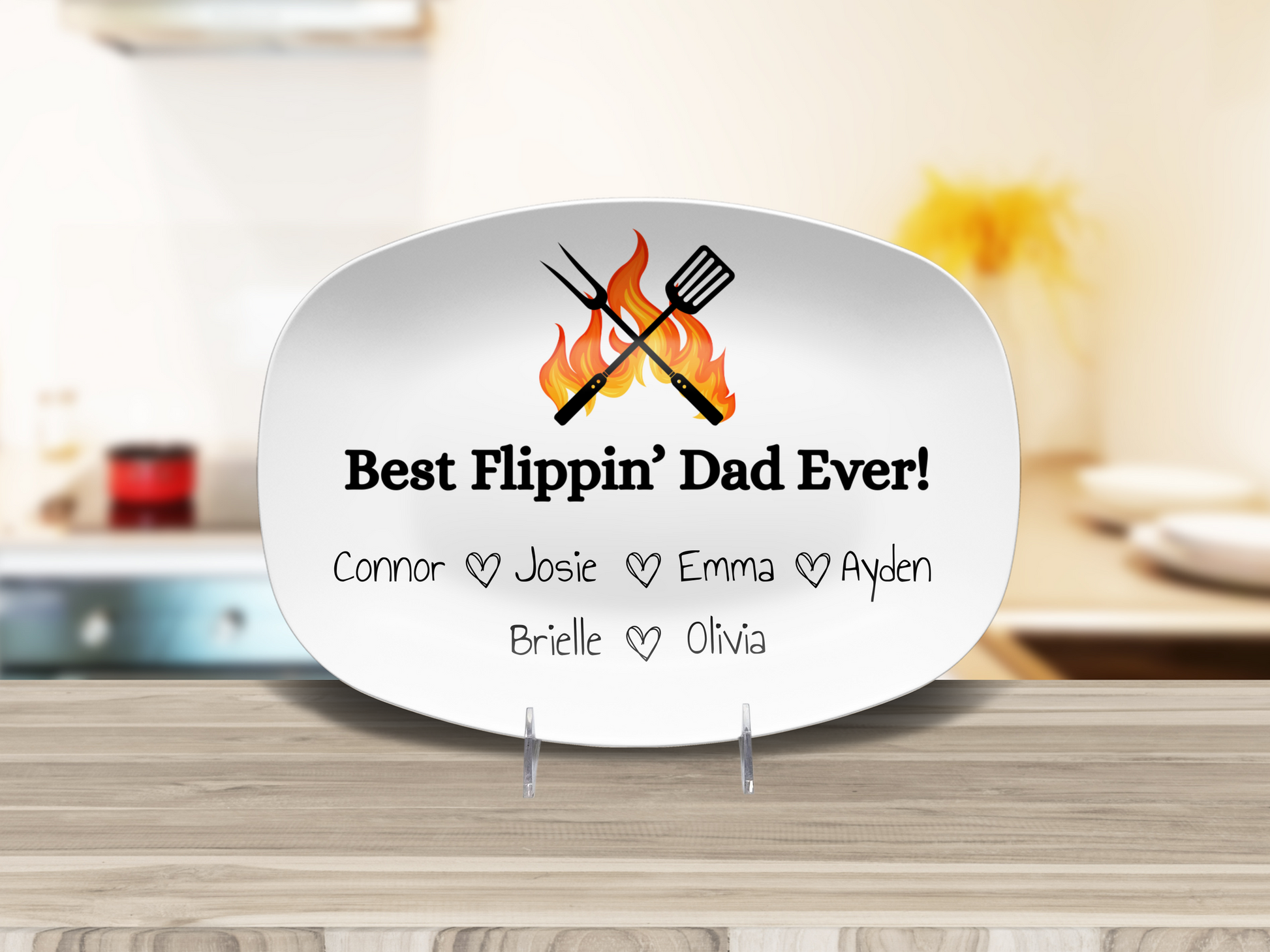 Custom Father’s Day grill plate with flame and spatula design