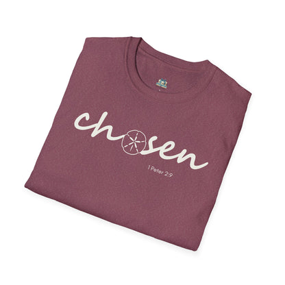Folded maroon t-shirt with 'chosen' text on a white background