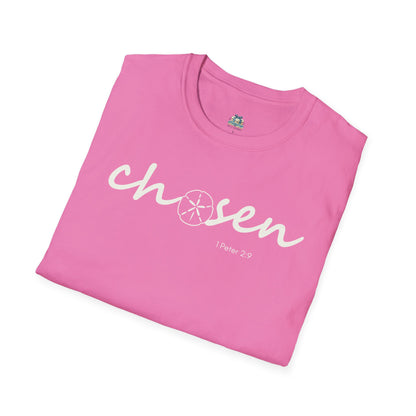 Pink t-shirt with 'chosen' text on a white background