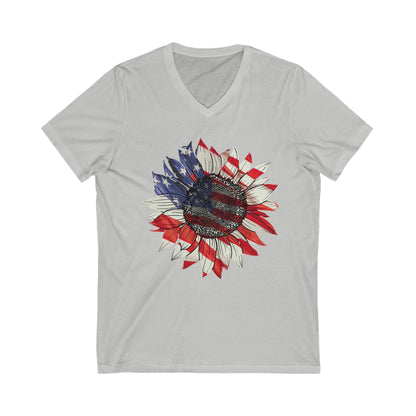 Casual summer outfit featuring a red, white, and blue sunflower tee