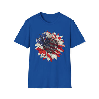 Casual summer outfit with Royal Blue patriotic tee and mini U.S. flag accessoryyal blue 