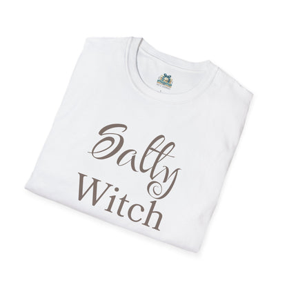 White t-shirt with 'Salty Witch' text on a white background