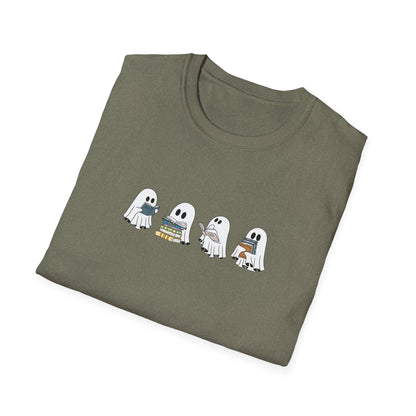 Bookish ghost graphic tee on hanger with fall leaf decor and mini pumpkins.

