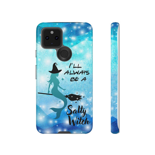 Salty Witch glossy Google Pixel 5g phone case featuring mermaid on broomstick – dual layer protection