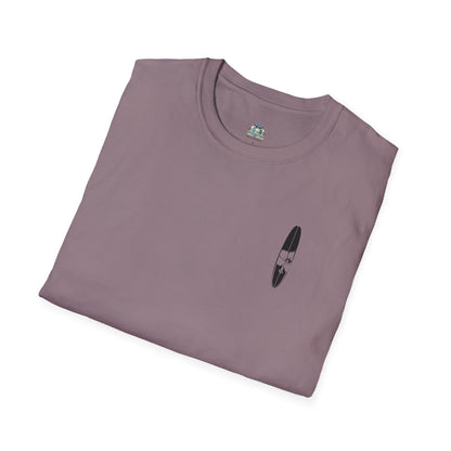 Folded purple t-shirt with a small black graphic on a white background