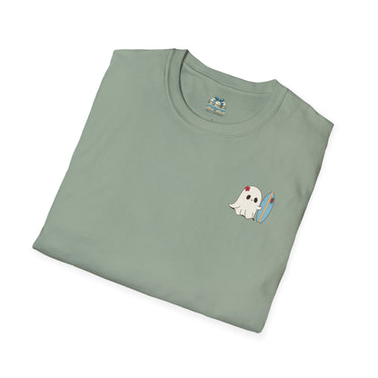 Folded light green t-shirt with a ghost and rainbow design on a white background