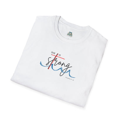 White t-shirt with 'She is Strong' text design on a white background
