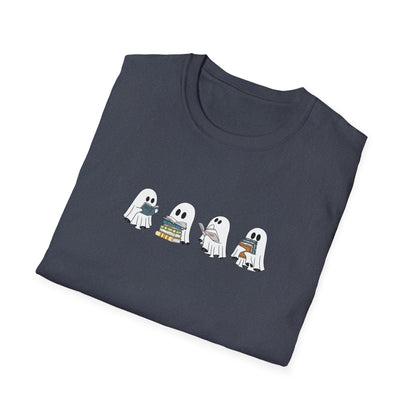 Navy t-shirt with ghost and book illustrations styled for autumn.