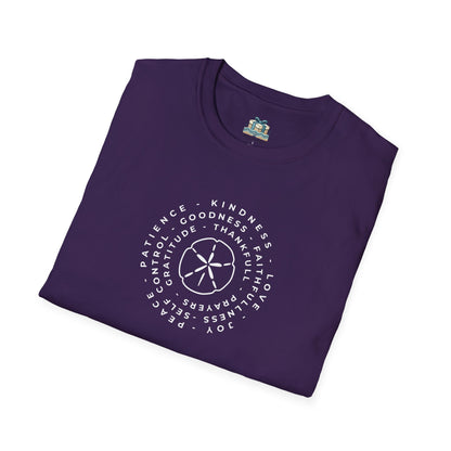 Folded purple t-shirt with white text and design on a white background