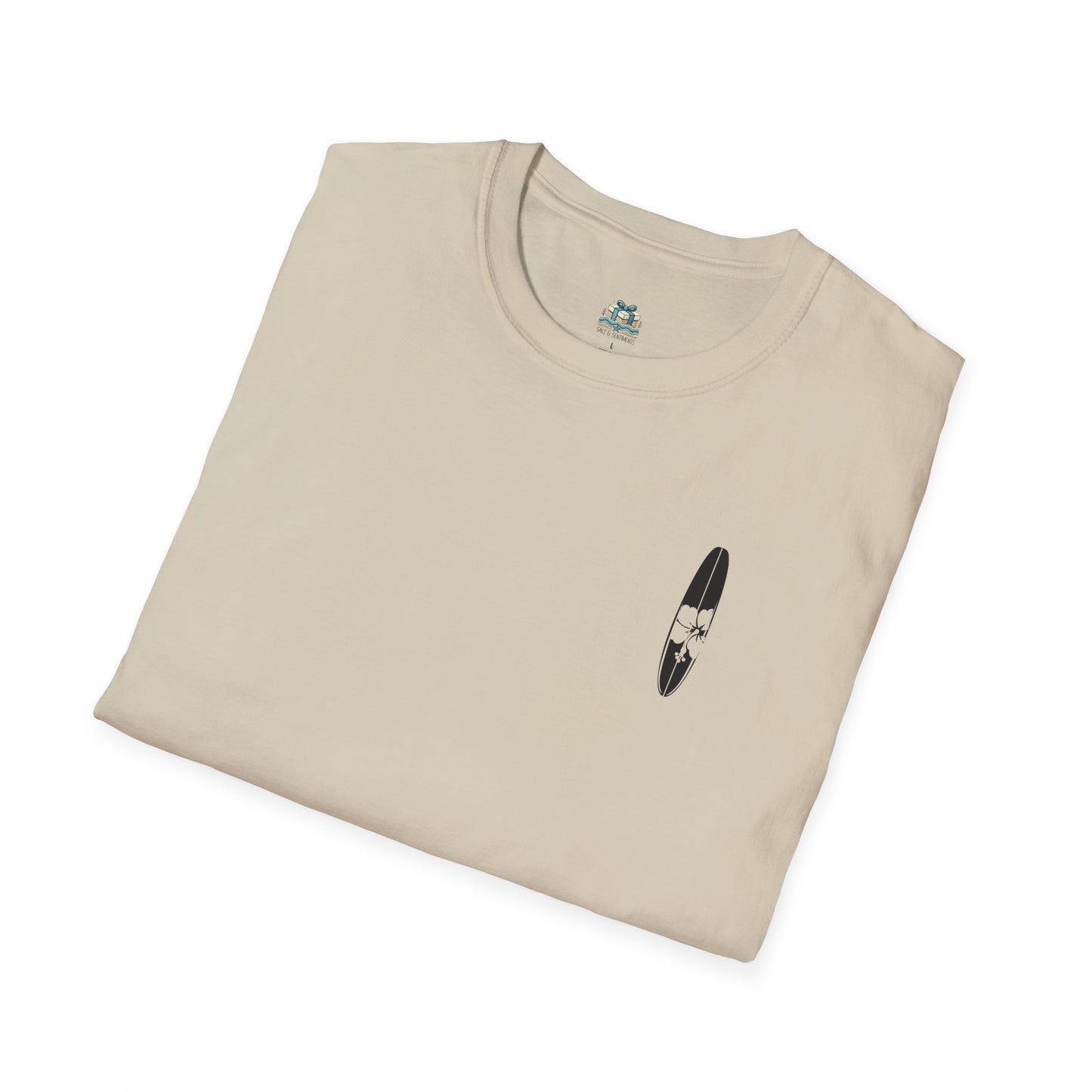 Folded beige t-shirt with a small black and white graphic on a white background
