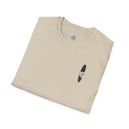 Folded beige t-shirt with a small black and white graphic on a white background