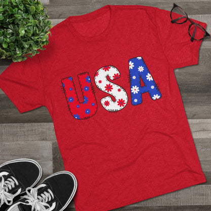 USA graphic tee with flower patterns perfect for July 4th