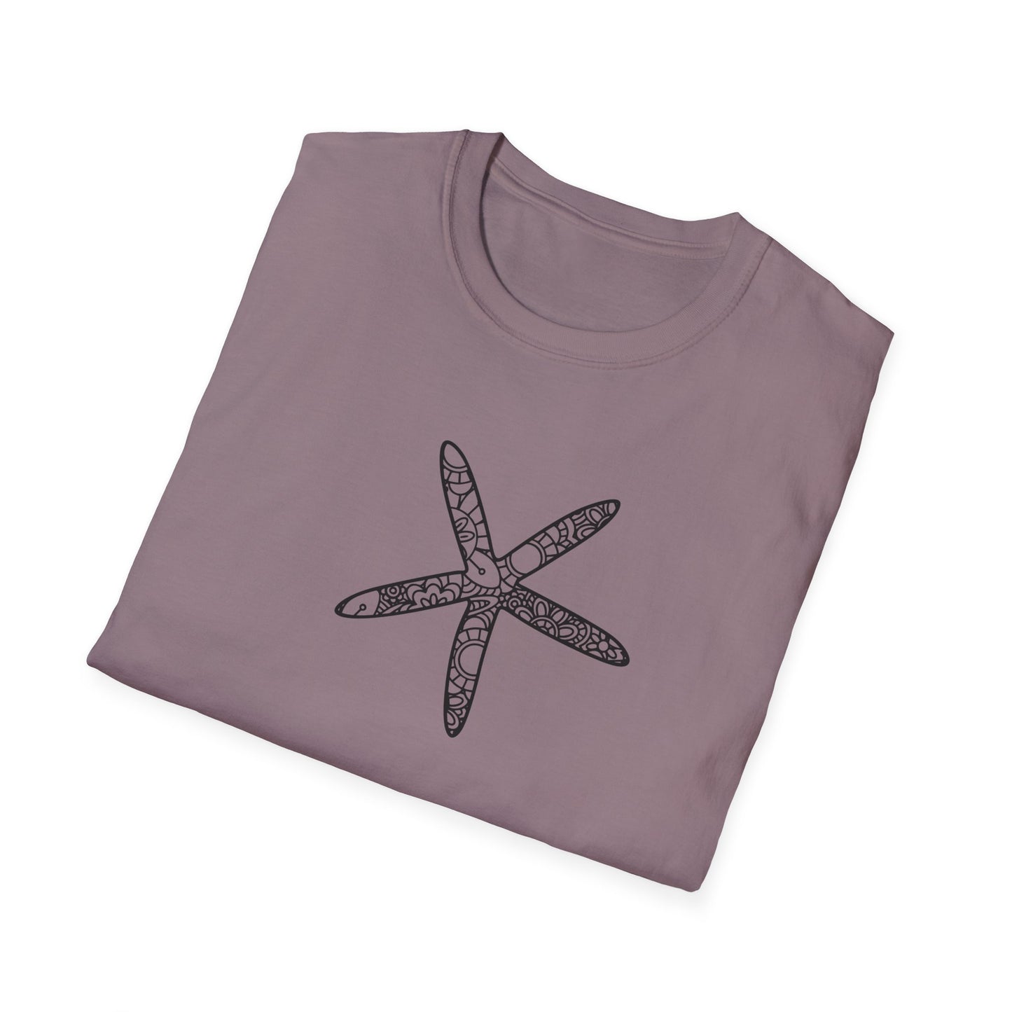 Folded purple t-shirt with a black starfish design on a white background