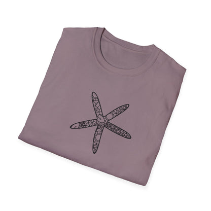 Folded purple t-shirt with a black starfish design on a white background