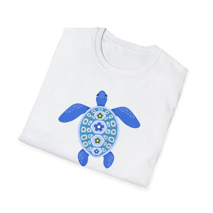 White t-shirt with a blue turtle design on a white background