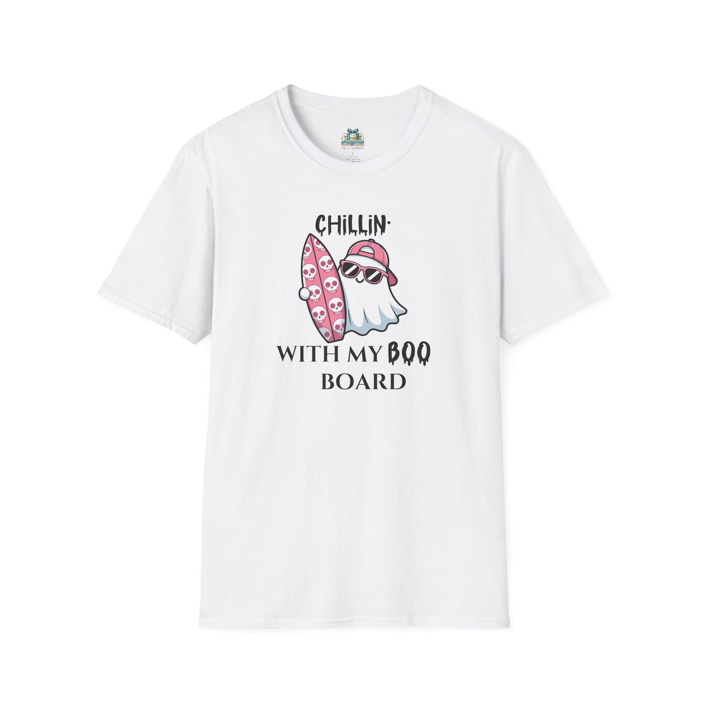 Funny Halloween white surf tee featuring ghost and “Chillin’ With My Boo Board” slogan