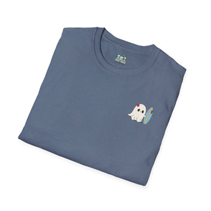 Folded blue t-shirt with a ghost holding a surfboard graphic on a white background