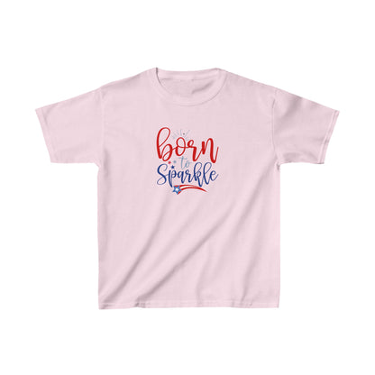 Pink kids' T-shirt with the phrase "Born to Sparkle" in red and blue lettering, accented with patriotic stars and a shooting star