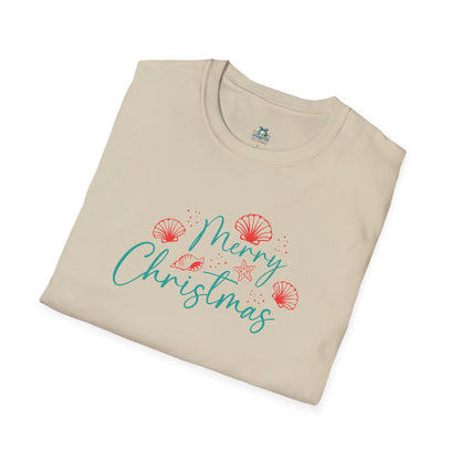 Beige t-shirt with 'Merry Christmas' text and decorative elements on a white background