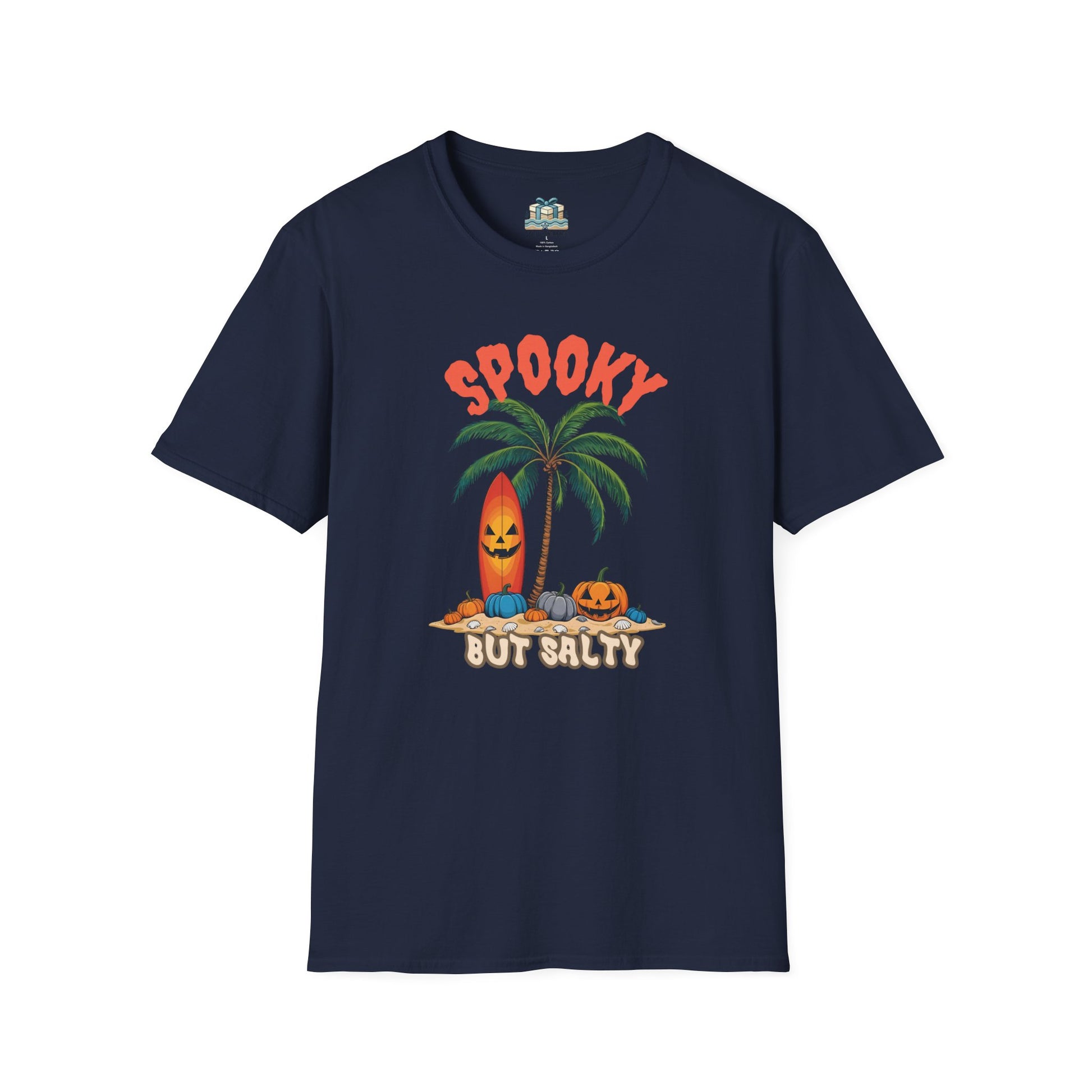 Navy blue t-shirt with Halloween-themed design featuring palm trees and pumpkins on a white background.