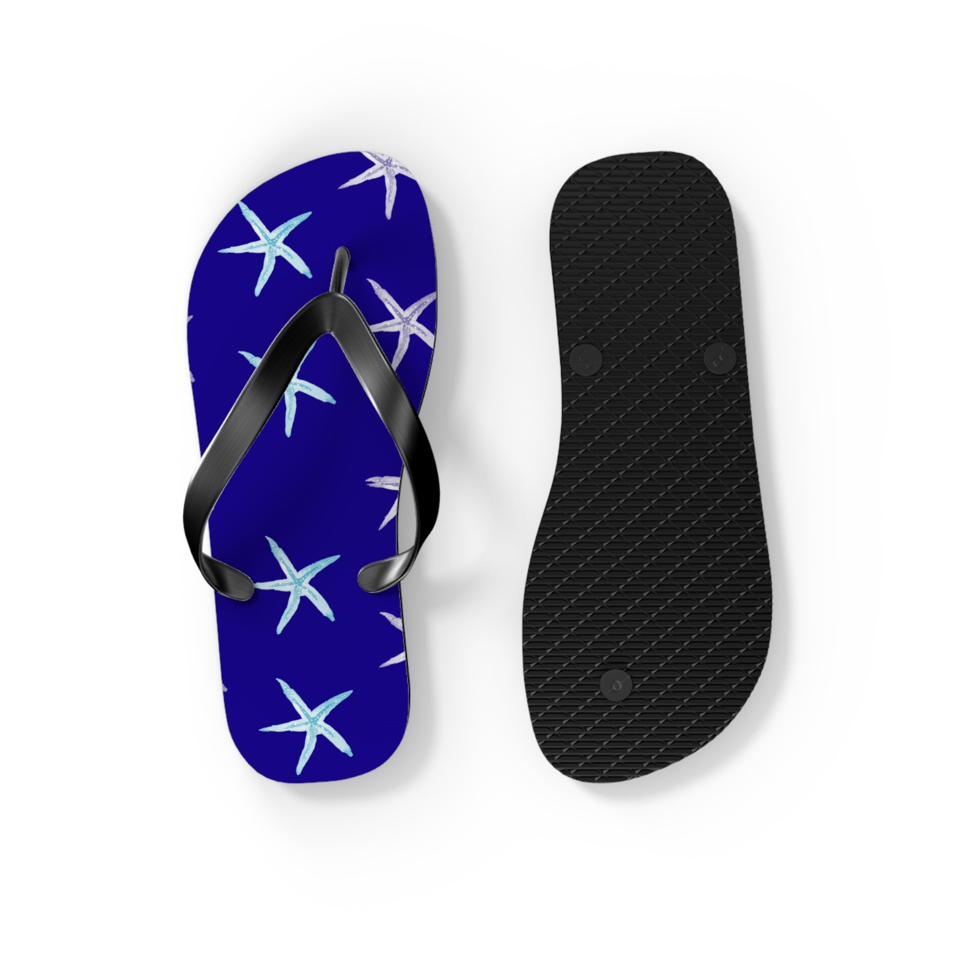 Blue flip-flop with starfish pattern and black insole on a white background