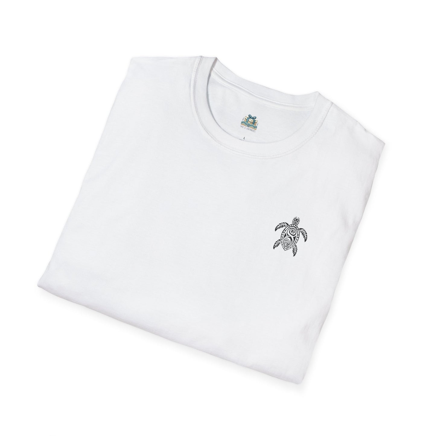White t-shirt with a small turtle logo on a white background