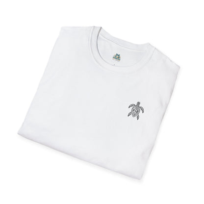 White t-shirt with a small turtle logo on a white background