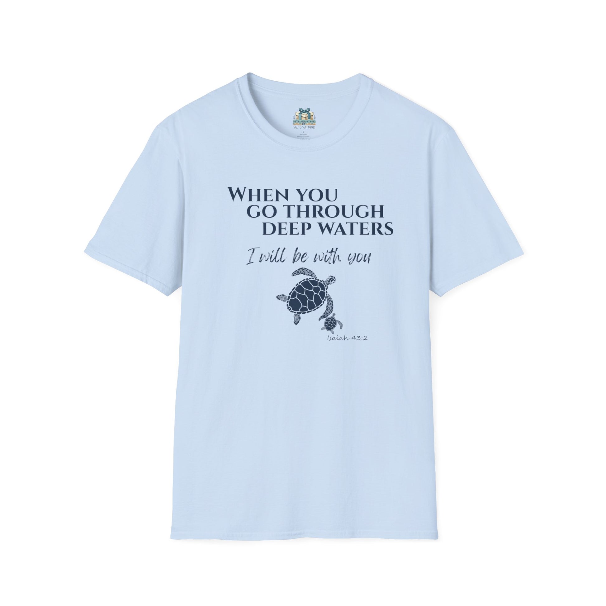 Light blue t-shirt with turtle graphic and text on a white background