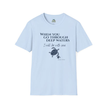 Light blue t-shirt with turtle graphic and text on a white background