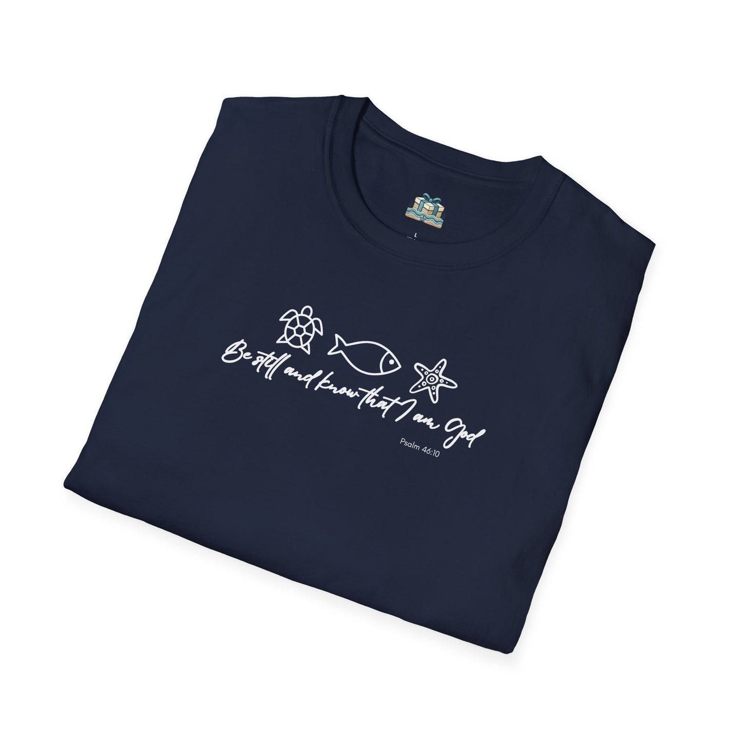 Folded navy blue t-shirt with white text and graphics on a white background